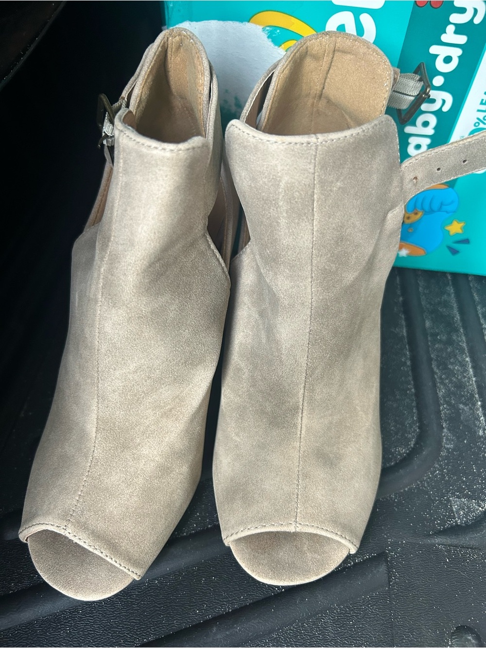 Womens Taupe Suede Peep-Toe Ankle Booties